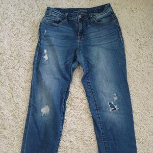Chico’s Platinum Boyfriend Jeans Size 0 US 4 Blue Distressed Mid Rise Stretch